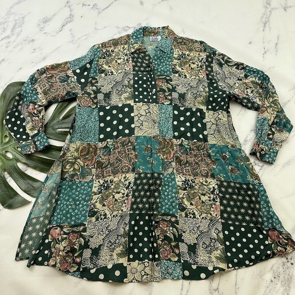 Via Max Womens Vintage 90s Silk Oversize Shirt Size S Green Tan Mixed Floral - Picture 1 of 12
